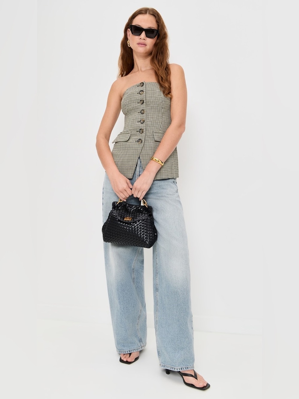 Favorite Daughter The Phoebe Bustier Button Down Top in Chesire Houndstooth